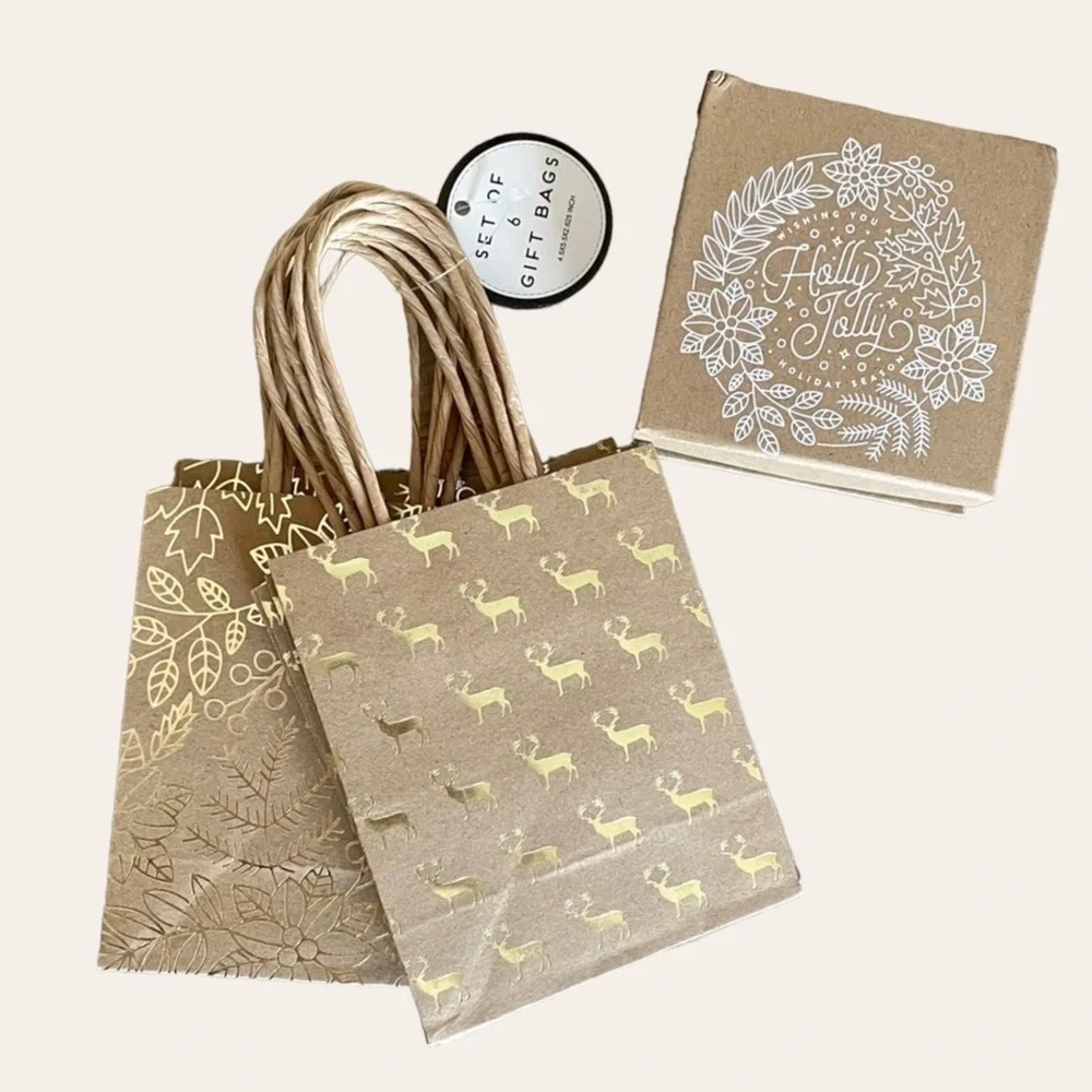 🌺 Holiday Gold Reindeer Floral Mini Gift Bags & Box Set